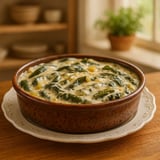 A bowl of food on a table.