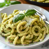 A bowl of Creamy Pesto Pasta with a fork nearby.