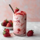 A chilled glass filled with Creamy Strawberry Milk and fresh strawberries beside it.