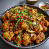 A bowl filled with crispy chicken paired with onions and peppers.