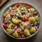 A bowl of seasoned Greek-style potato salad.
