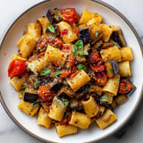 A plate of pasta with golden eggplant and fresh tomatoes.