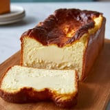 A creamy slice of Basque cheesecake in a pan.