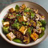 A bowl filled with tofu and mushroom stir-fry.