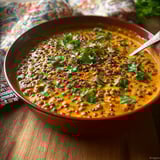A bowl of creamy lentils topped with fresh herbs.