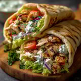 A pita wrap stuffed with chicken and fresh veggies.