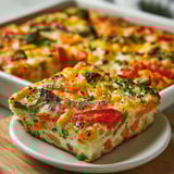 A plate featuring a slice of cheesy, protein-packed veggie bake.