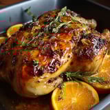 A beautifully roasted chicken topped with orange slices.