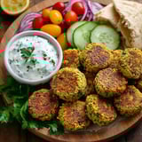 Plate of oven-baked falafel served with creamy tzatziki sauce.