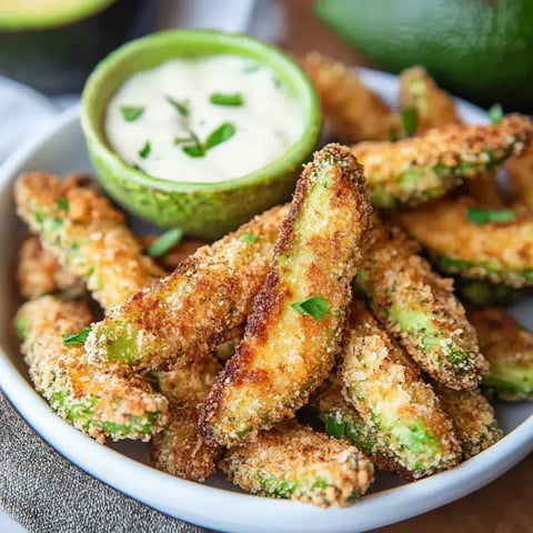 A plate of crispy avocado slices with a green dip bowl on the side.