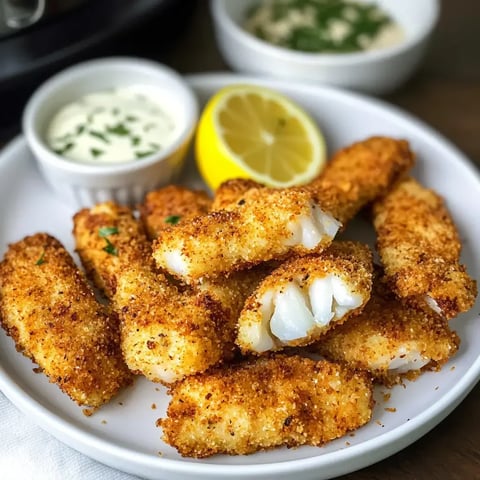Crispy golden fish strips served alongside lemon slices and dipping sauces.